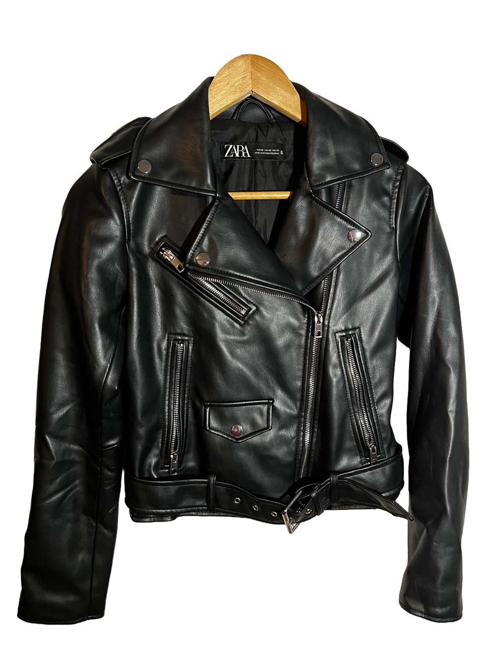 Zara Black Faux Leather Moto Jacket with Belt